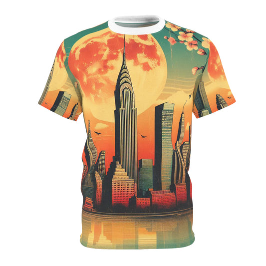A vintage skyline with sunset, a moon, and spring Unisex Tee