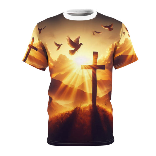Cross on a Hill with Sunset Over Valley Unisex Tee