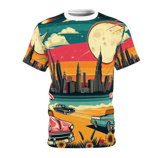 A vintage skyline with sunset, a moon, and summer in a retro style with some vintage cars Unisex Tee