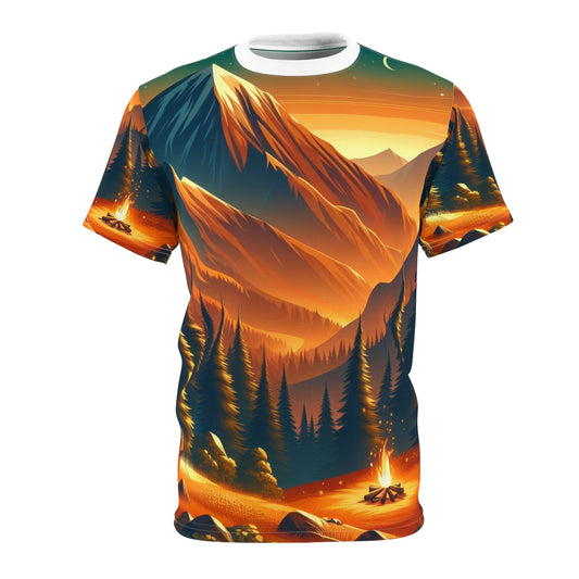 A mountain with a tent, a campfire at sunset, and even more trees Unisex Tee