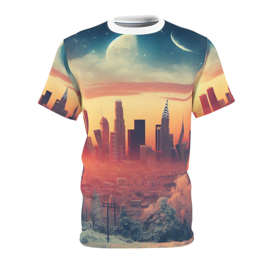 A vintage skyline with sunset, a moon, and winter Unisex Tee