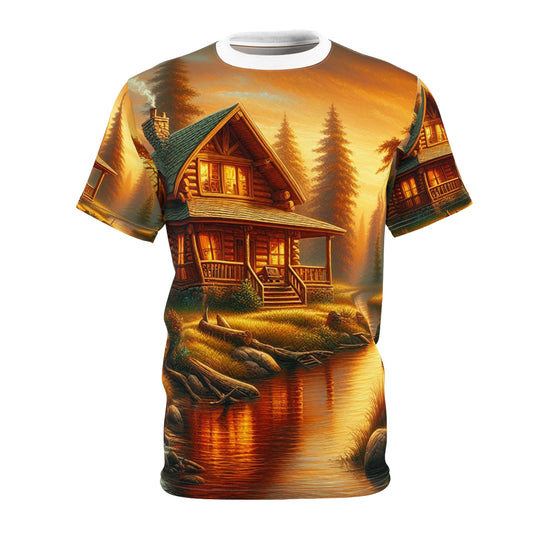 A cabin in the woods at sunset with a river Unisex Tee