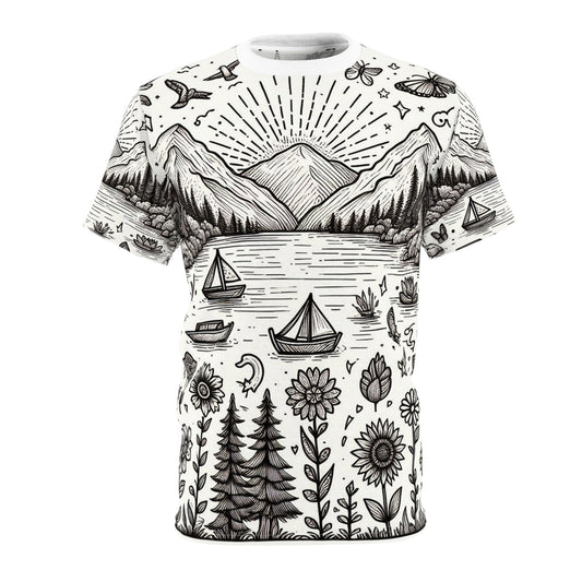 Drawings of a sunset over a big lake with some trees, birds in the sky, and some mountains Unisex Tee