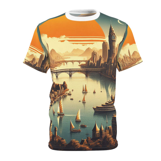 Vintage skyline with sunset and a moon Unisex Tee