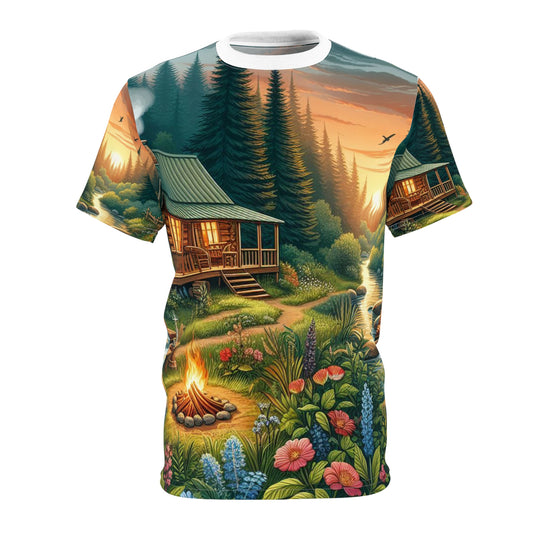 Cabin in the woods at sunset with a river, a campfire, and flowers Unisex Tee