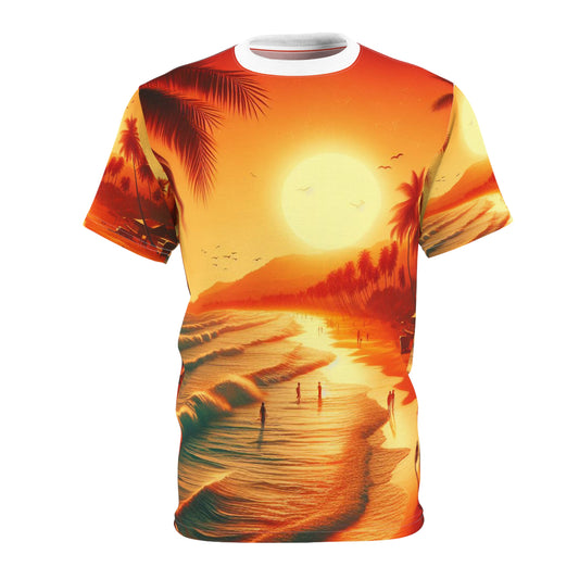 Palm Trees and Sunset at the Beach with Tourists Unisex Tee