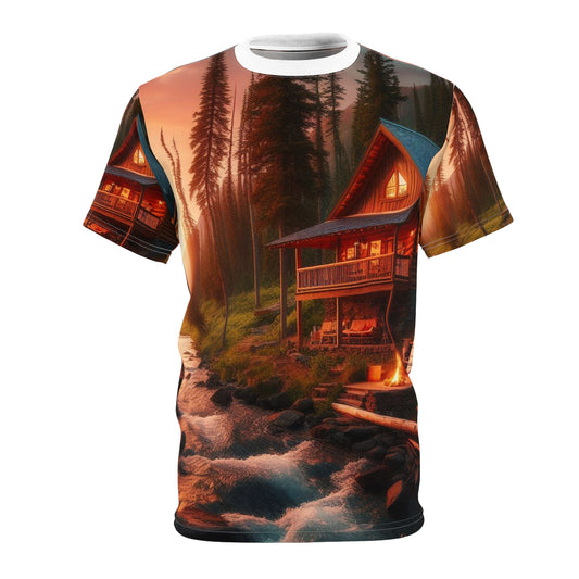 Cabin in the woods at sunset with a river and a campfire Unisex Tee
