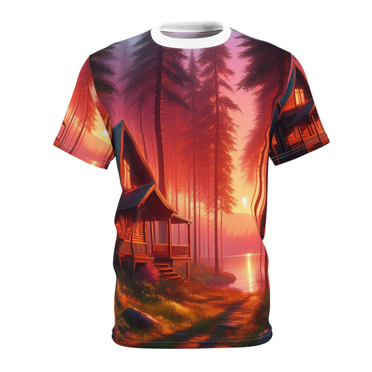 A cabin in the woods at sunset Unisex Tee