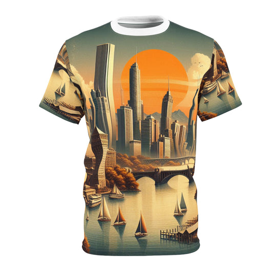 A vintage skyline with sunset and a moon Unisex Tee
