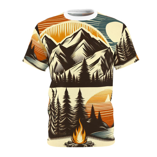 Mountain range with trees and a sunset near a cabin and a campfire Unisex Tee