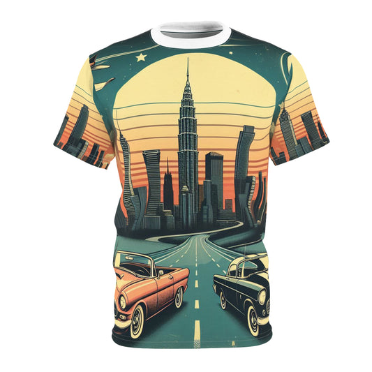 Skyline with sunset, a moon, and summer in a retro style with some vintage cars Unisex Tee