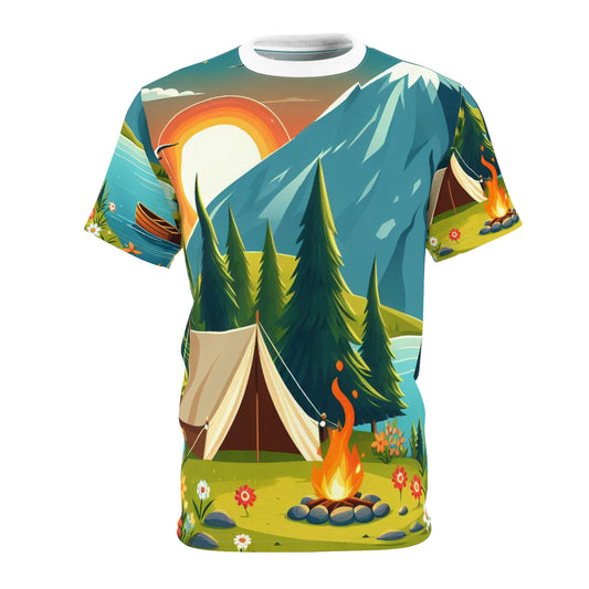 A tent with a campfire at sunset near a lake with a boat Unisex Tee