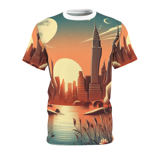 A vintage skyline with sunset, a moon, and spring Unisex Tee