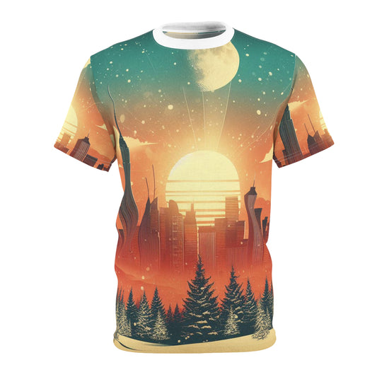Skyline with sunset, a moon, and winter Unisex Tee