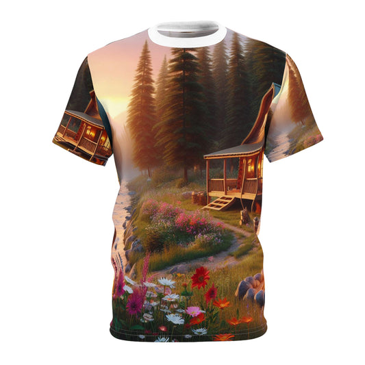 A cabin in the woods at sunset with a river, a campfire, and some flowers Unisex Tee