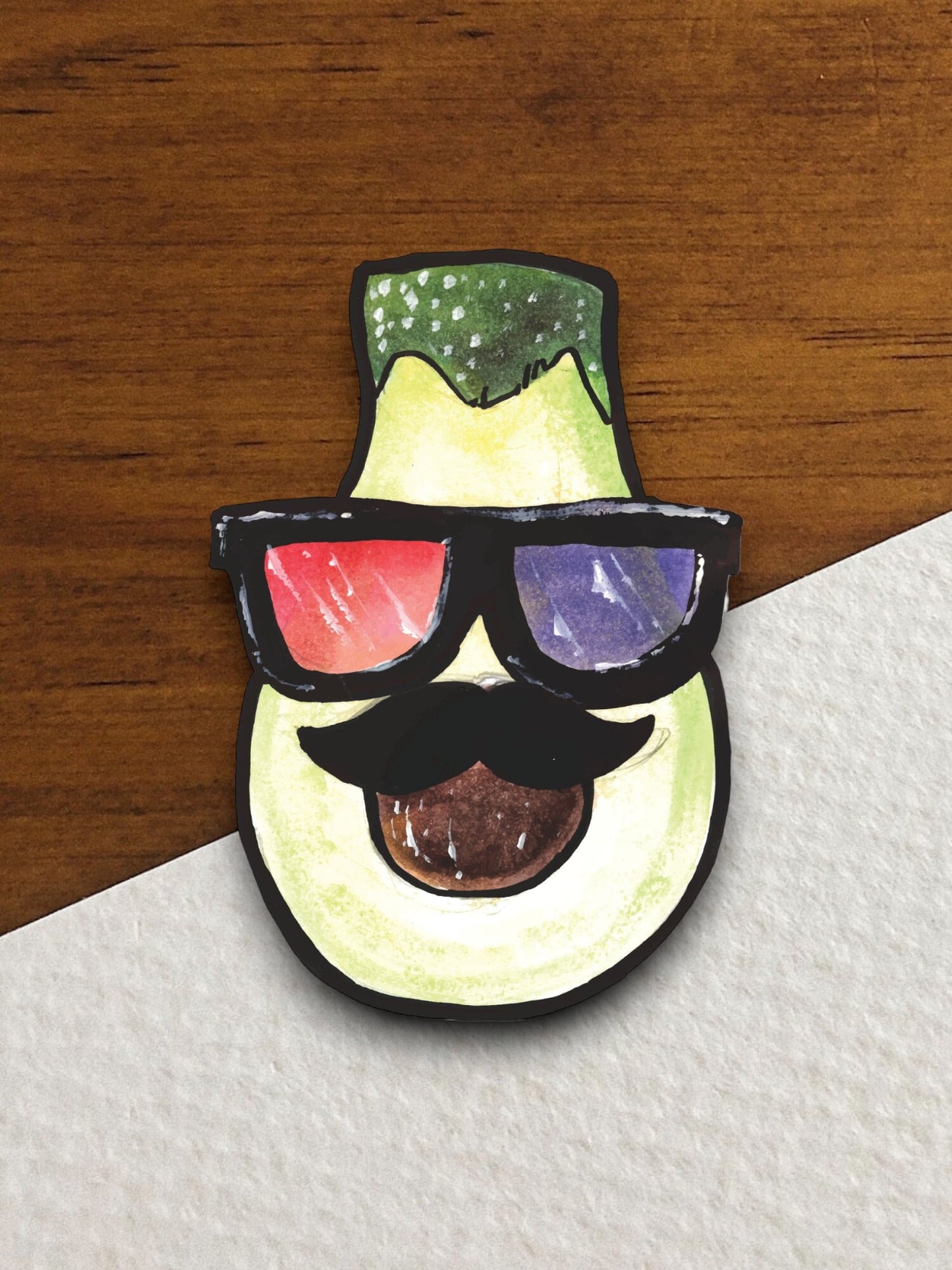 Artistic avocado with 3d glasses funny food sticker, funny stickers, laptop stickers, water bottle sticker, sticker with sayings