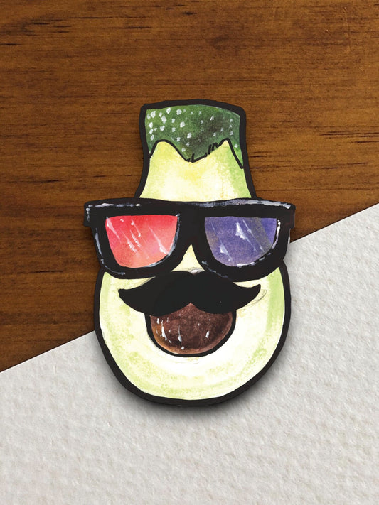 Artistic avocado with 3d glasses funny food sticker, funny stickers, laptop stickers, water bottle sticker, sticker with sayings