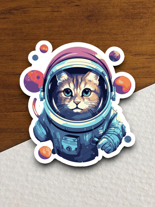 Cat in space suit with planets cat sticker, Funny Animal Sticker For Laptop, Water Bottle, Hydro flask, Phone, Computer, Gift, Pet Sticker