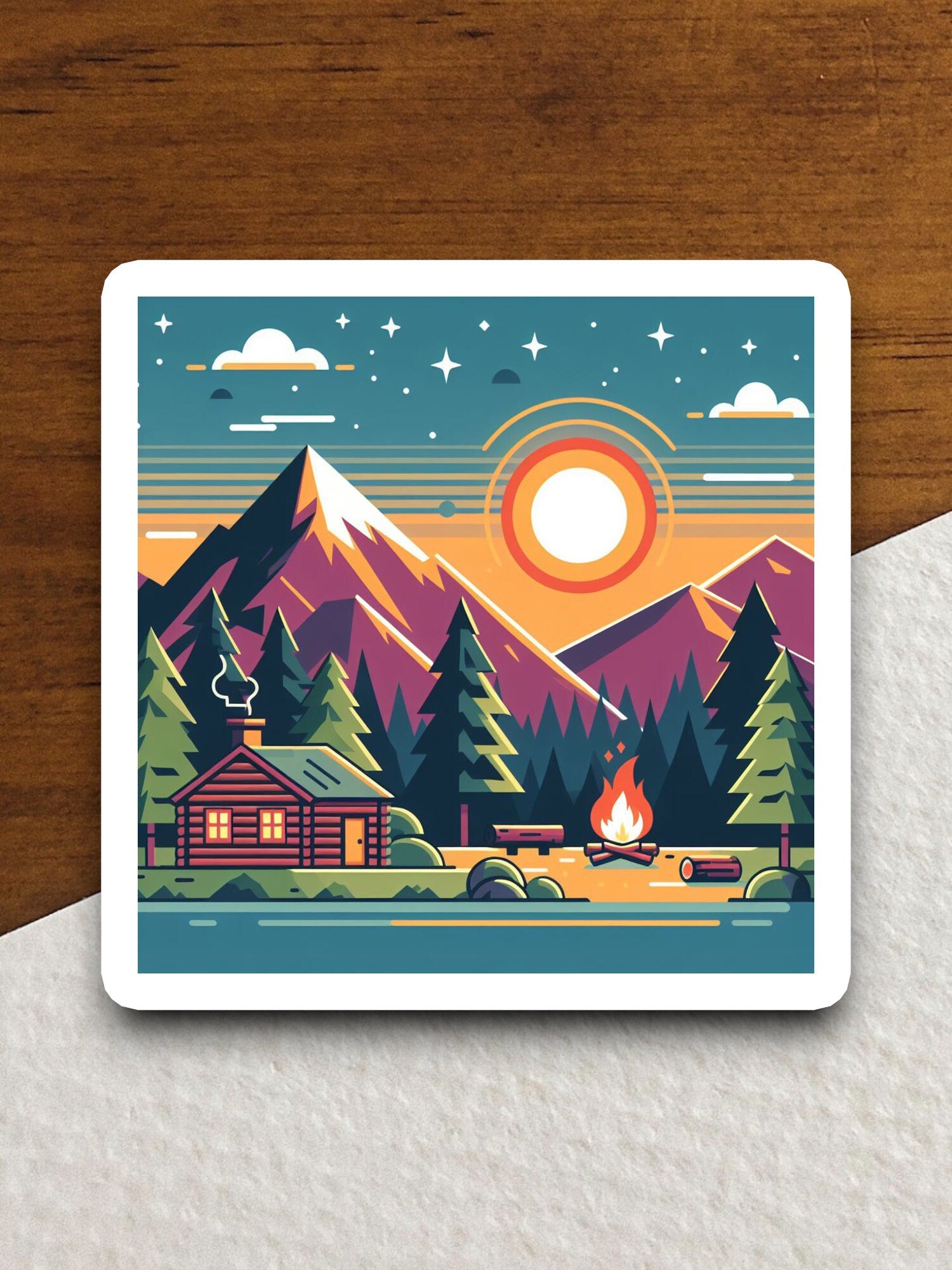 Sunset Cabin Sticker, vacation sticker, travel sticker, room decor, water bottle sticker, laptop sticker