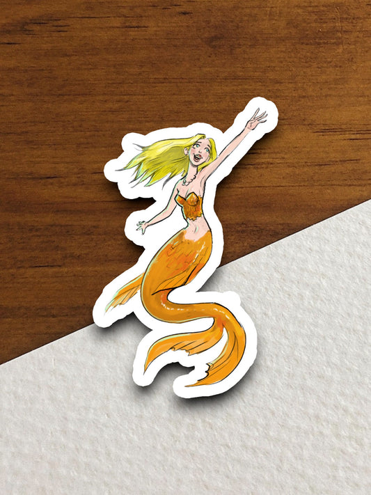 Mermaid with yellow hair and orange tail mermaid sticker, Funny Animal Sticker For Laptop, Water Bottle, Hydro flask, Phone, Computer, Gift