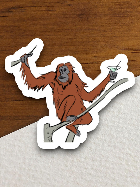 Orangutan in tree with martini cocktail glass ape sticker, Funny Animal Sticker For Laptop, Water Bottle, Hydro flask, Phone, Computer, Gift